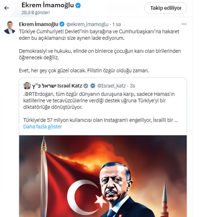 Ekrem İmamoğlu’ndan İsrailli bakana tokat gibi yanıt