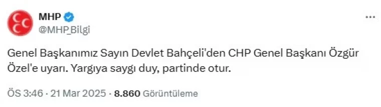 Bahçeli'den CHP Lideri Özel'e tehdit gibi 'Partinde otur' paylaşımı