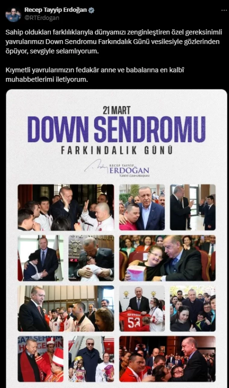 Erdoğan'dan 'Down Sendromu Farkındalık Günü' paylaşımı