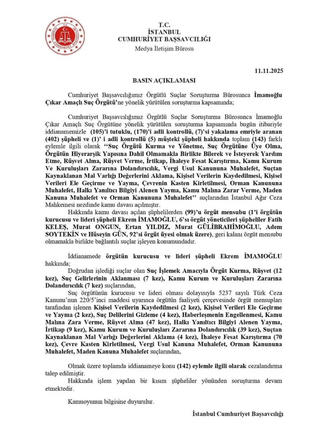 Başsavcı Akın Gürlek İBB iddianamesini açıkladı: İmamoğlu için 2352 yıla kadar hapis cezası